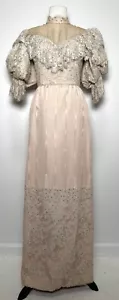 Vtg Victorian Column Gown Lace Puffy Sleeve Illusion High Neck Peach Moire - Picture 1 of 18