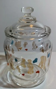 Vintage Glass Apothecary Jar. Clear Glass W/ Gold, Teal, & Pink Accents - Picture 1 of 3
