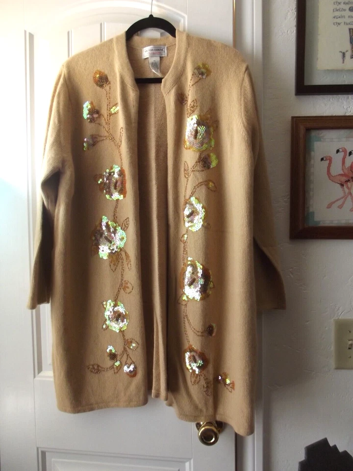 Cárdigan Frente Abierto por Victor Costa Ocasión 1X Lentejuelas Iridiscentes SEDA/ANGORA Foto 1 de 4