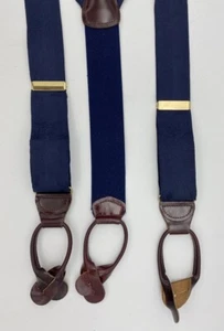 Mens Braces Suspenders Navy Woven Patterned Leather Button Tips Brass Clasp CAS - Picture 1 of 5