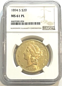 1894 S $20 Gold Liberty NGC MS 61 PL - Picture 1 of 2
