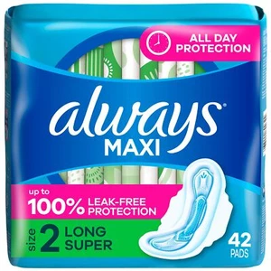 Always Maxi Feminine Pads with Wings for Women, Size 2, Long Super Absorbency, - Picture 1 of 8
