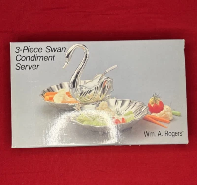 Bandeja plateada para servidor de condimentos cisne de 3 piezas Wm A Rogers - NUEVA en caja Foto 1 de 4