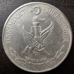 Türkei 1960 10 Lira .830 Silbermünze 27. Mai 1960 Revolution Gedenkmünze - Bild 1 von 2