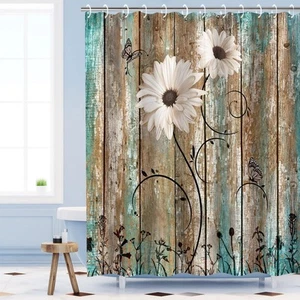 Rustic Shower Curtain Floral Barnwood Fabric Farmhouse Bath Curtain 12 Hooks ... - Picture 1 of 7