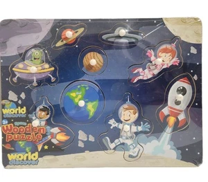 Space Wooden Puzzle New Peg Handles World Discover Astronaut Planets Aliens Rock - Picture 1 of 2