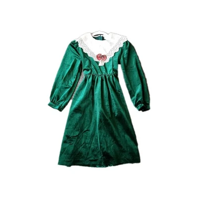 Vintage Rare Editions Christmas Holiday Dress Green Velvet White Lace Sz 14 Bow - Image 1 of 4