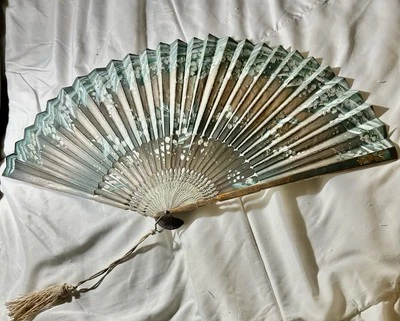 Antique Hand Painted Large Folding Fan Lily-of-the-Valley - Image 1 of 4