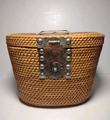 Vintage Woven Padded Chinese Tea Basket 2 Cup Peacock Pattern Metal Hardware  - Image 1 of 4