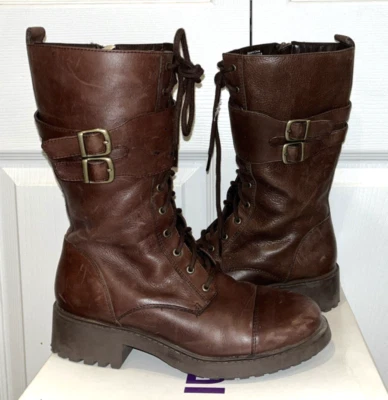 De Colección Zapatos Panaderos Cuero Bravo Botas 1446 Media Pantorrilla Cremallera 1.5" Tacón Marrón Talla 7.5 B Foto 1 de 4