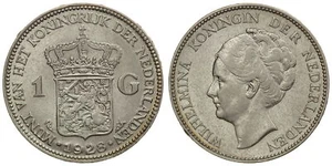 Netherlands - 1 Gulden 1928 - Wilhelmina, Silver - Picture 1 of 3