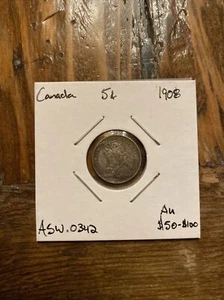 1908 Canada Silver 5 Cents; AU Condition Beautiful Patina Toned - Picture 1 of 3