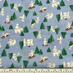 Vintage Cranston Christmas Snow Babies on Blue Cotton Fabric by the HALF YARD - Picture 1 of 2