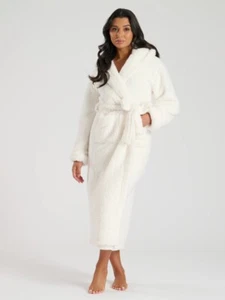 Loungeable Womens Cream Chunky Sherpa Fleece Hooded Midaxi Robe - Picture 1 of 5