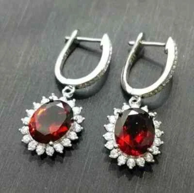 3.00Ct Taglio Ovale Granato Rosso Donna Goccia & Orecchini Pendenti 14K White - Immagine 1 di 4