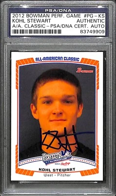 Tarjeta de juego perfecta Bowman 2012 firmada por Kohl Stewart certificado de autenticidad PSA/ADN RC TWINS Foto 1 de 3