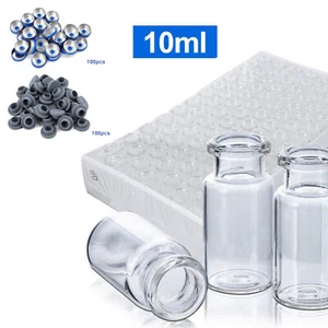 100pcs 10ml Vials Glass Clear with Plastic-Aluminum Caps and Rubber Stoppers USA - Picture 1 of 7