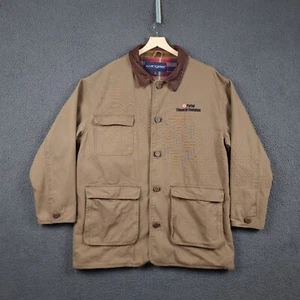 Vintage Barn Coat Jacket Mens L Khaki Canvas Leather Collar Flannel Lined Purina - Picture 1 of 12