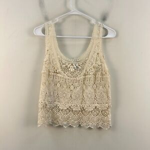 Pinky Womens Large Tank Top Ivory Lace Sheer Cotton Sleeveless Pullover 22143