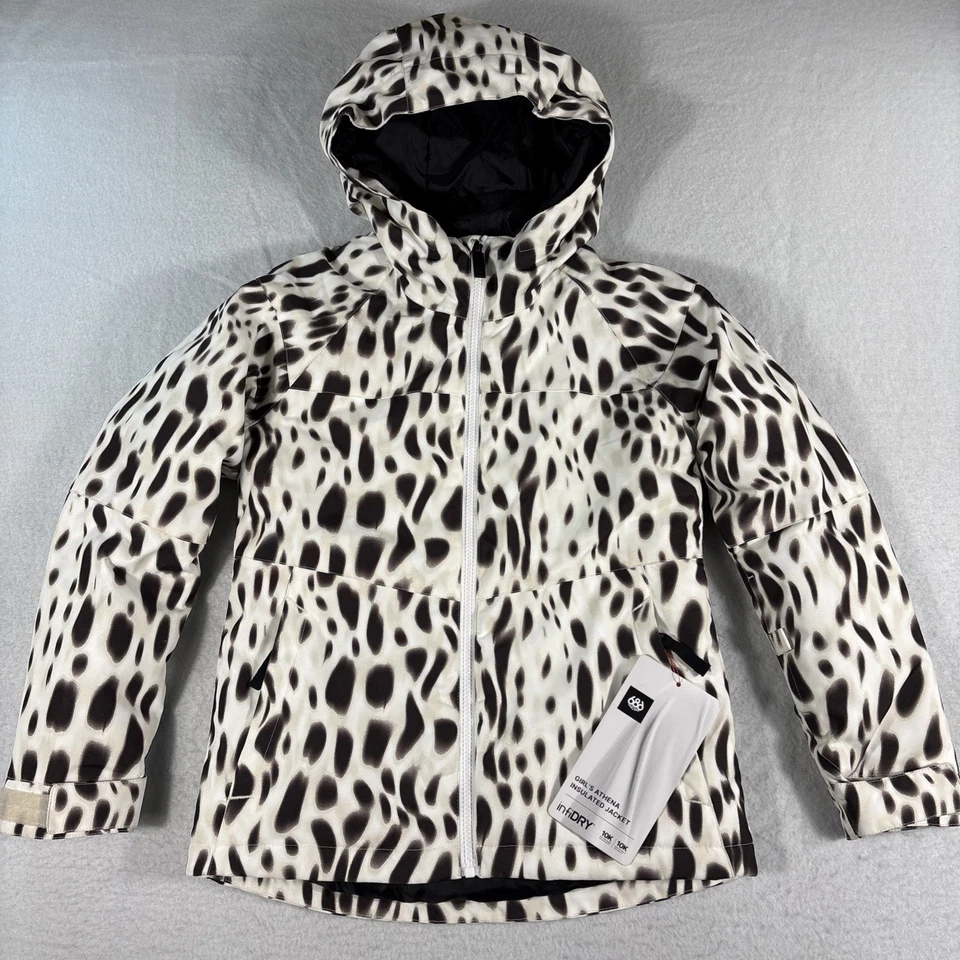 Chaqueta de esquí aislante Athena 686 para niña pequeña nueva con etiquetas en estampado de leopardo blanco y negro Foto 1 de 4