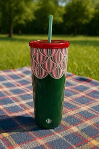 Vaso Starbucks Globo de Aire Caliente Venti 24oz Verde Profundo y Retro Rosa Patrón Taza - Imagen 1 de 8