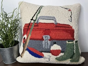 Wool Throw Pillow Hooked Fishing Tackle Box Lure Boots Pole Outdoor 14 X 14 RARE - Picture 1 of 10