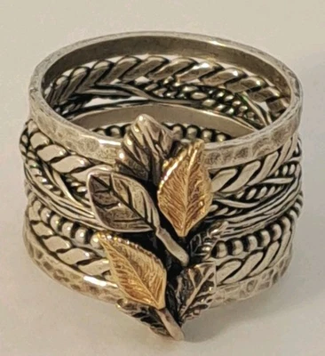 PZ Paz Israel Sterling Silver 14K Gold Multiband LEAF Ring Band size 10.75 NICE - Image 1 of 4