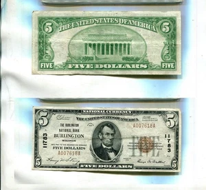 1929 $5 BURLINGTON WISCONSIN NATIONAL BROWN SEAL CURRENCY NOTE VF - Picture 1 of 1