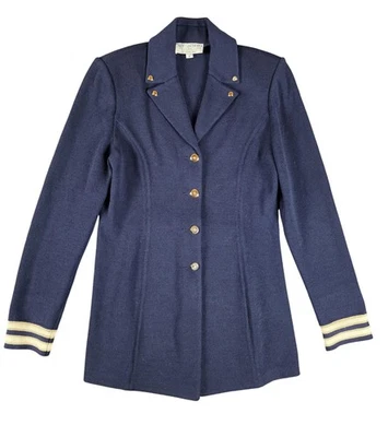 Chaqueta Blazer Abrigo Longline Colección St John Para Mujer 8 Azul Marino Tejido Dorado Botón Foto 1 de 4