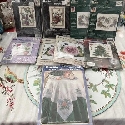 8 Bucilla Cross Stitch Kits Plus Bonus Table Topper Flowers Fruit Xmas - Image 1 of 4