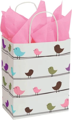 "100 bolsas de papel Spring Birds verde púrpura cachorro mercancía compras 8" x 5 x 10 1/2""" Foto 1 de 3