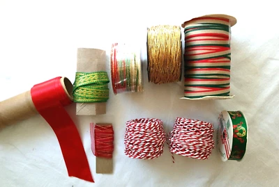 6 Spools Christmas Ribbon-2 Spools Paper Twine-1 spool Gold String + 3 Remnants - Image 1 of 2