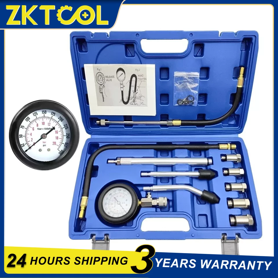 11PCS Petrol Engine Compression Tester Kit Fuel Cylinder Pressure Gauge Tool Set - Image 1 of 4