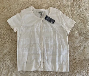 BASS NWT SZ Medium Cardigan Sweater Solid White Cotton Button Front short Sleeve - Picture 1 of 12