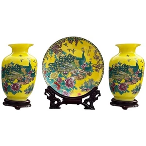 Handmade Yellow Peacock Porcelain 2 Vases & Plate Set w/ 3 Resin Stands – Decor - Picture 1 of 8