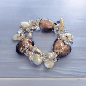 Natural Pearl Glass Heart Oversized Chunky Stretch Bracelet Purple White Estate - Picture 1 of 14