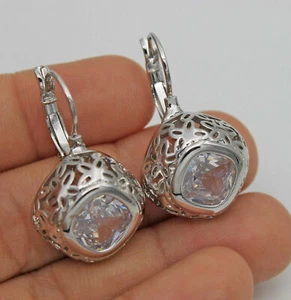 New 18K White Gold Filled Clear Square CZ Openwork Flower Set Leverback Earrings - Picture 1 of 4