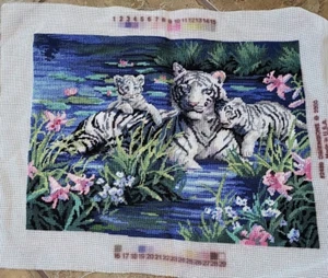 MOTHER & CUBS White Tiger Family Needlepoint finished price. NEW - Picture 1 of 7