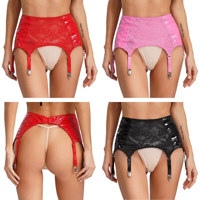 DE Damen Wetlook Strumpfgürtel Strumpfhalter mit 6 Metall Clips Stretch Clubwear - Bild 1 von 3