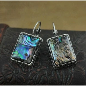 Silver Abalone Shell Drop Earring-Vintage Design Handmade Silver Square Earring - Picture 1 of 3