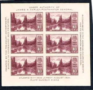 1934 U.S. AM PHILATELIC EXPO 3c IMPERF Sheet of 6 Sc#750 M/NH/OG GEM!^ - Picture 1 of 1