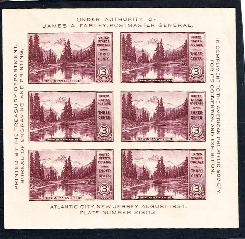1934 U.S. AM PHILATELIC EXPO 3c IMPERF Sheet of 6 Sc#750 M/NH/OG  GEM!^ - Image 1 of 1