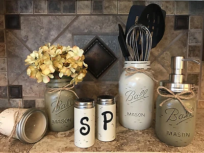 MASON Jar Kitchen Decor ULTIMATE 6pc SET *Soap Dispenser, Salt & Pepper Shakers - Image 1 of 2