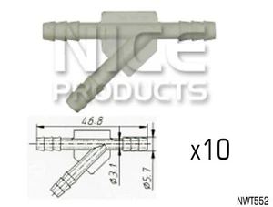 NICE NWT552 UNIVERSAL 3 WAY WASHER HOSE CONNECTOR JOINERS 5.7mm OUTLET x10 - Picture 1 of 3