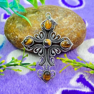925 Sterling Silber Natur Tigerauge Edelstein Schmuck Kreuz Anhänger - Bild 1 von 4