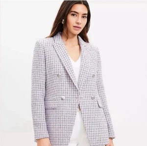 Loft Tweed Double Breasted Lilac Blazer Silver Buttons Front Flap Pockets Sz 18 - Picture 1 of 11