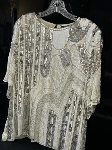 Vintage Royal Feelings Bluse schimmernd Perlen weiß silber grau Pailletten 3X - Bild 1 von 20