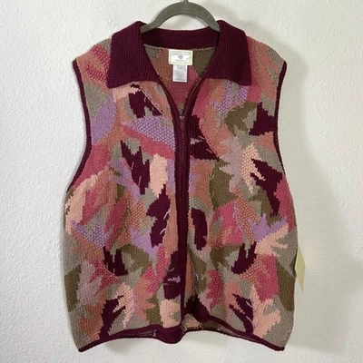 Vintage 90s Susan Bristol Full Zip Sweater Vest Fall Cranberry Floral Large NWT - Image 1 of 4