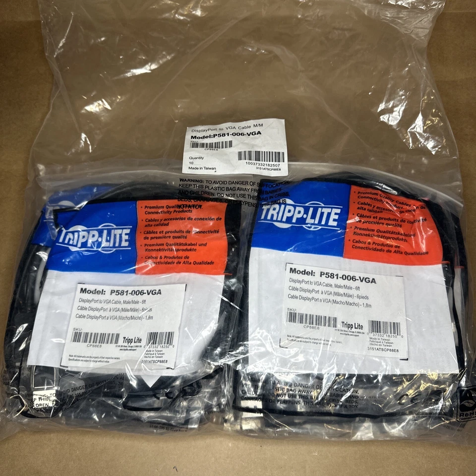 10 Tripp Lite P581-006-VGA 6ft Single link Male to DisplayPort Male Cable - Image 1 of 4