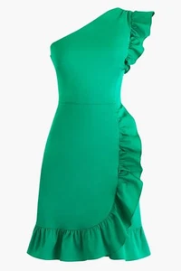 NWT J.Crew One Shoulder in Bright Kelly Green Stretch Twill Ruffle Dress 20 $168 - Picture 1 of 7